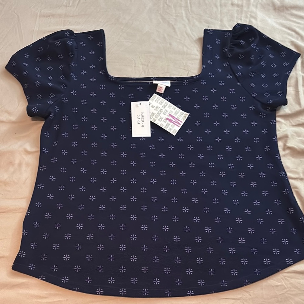 LuLaRoe Marissa Navy Blue Patterned Blouse